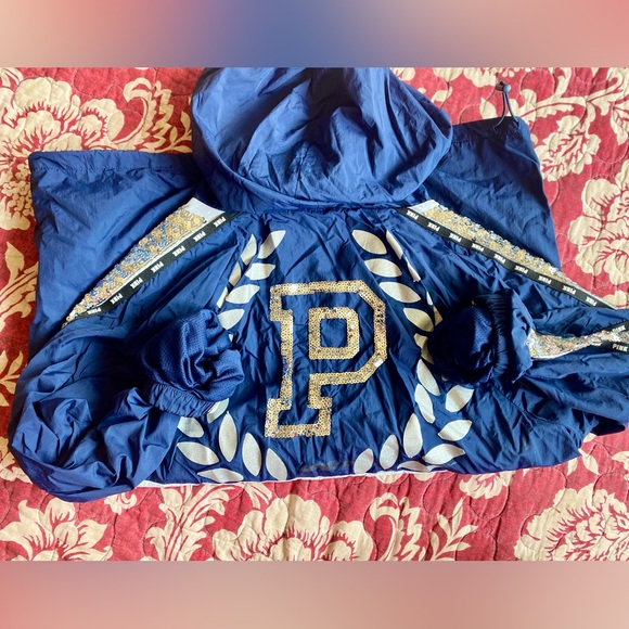 PINK Victoria's Secret Bling Dark Blue and White Windbreaker Jacket - Picture 2 of 14